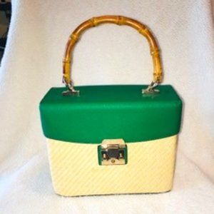 (NEW) Green Top  Straw Box Bag with Detachable  Straps & Bamboo Handle